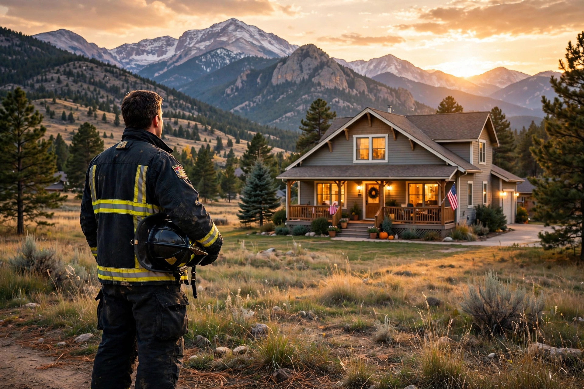 Colorado firefighter looking toward a warm home at sunset in the Rocky Mountains